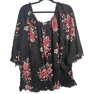 Chic Black Top with Red and White Floral Accents